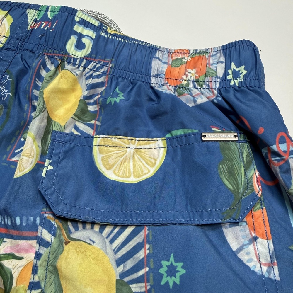 Vintage Summer Swim Trunks Mens M Blue Citrus Fruit Print Compression Liner - Picture 10 of 11